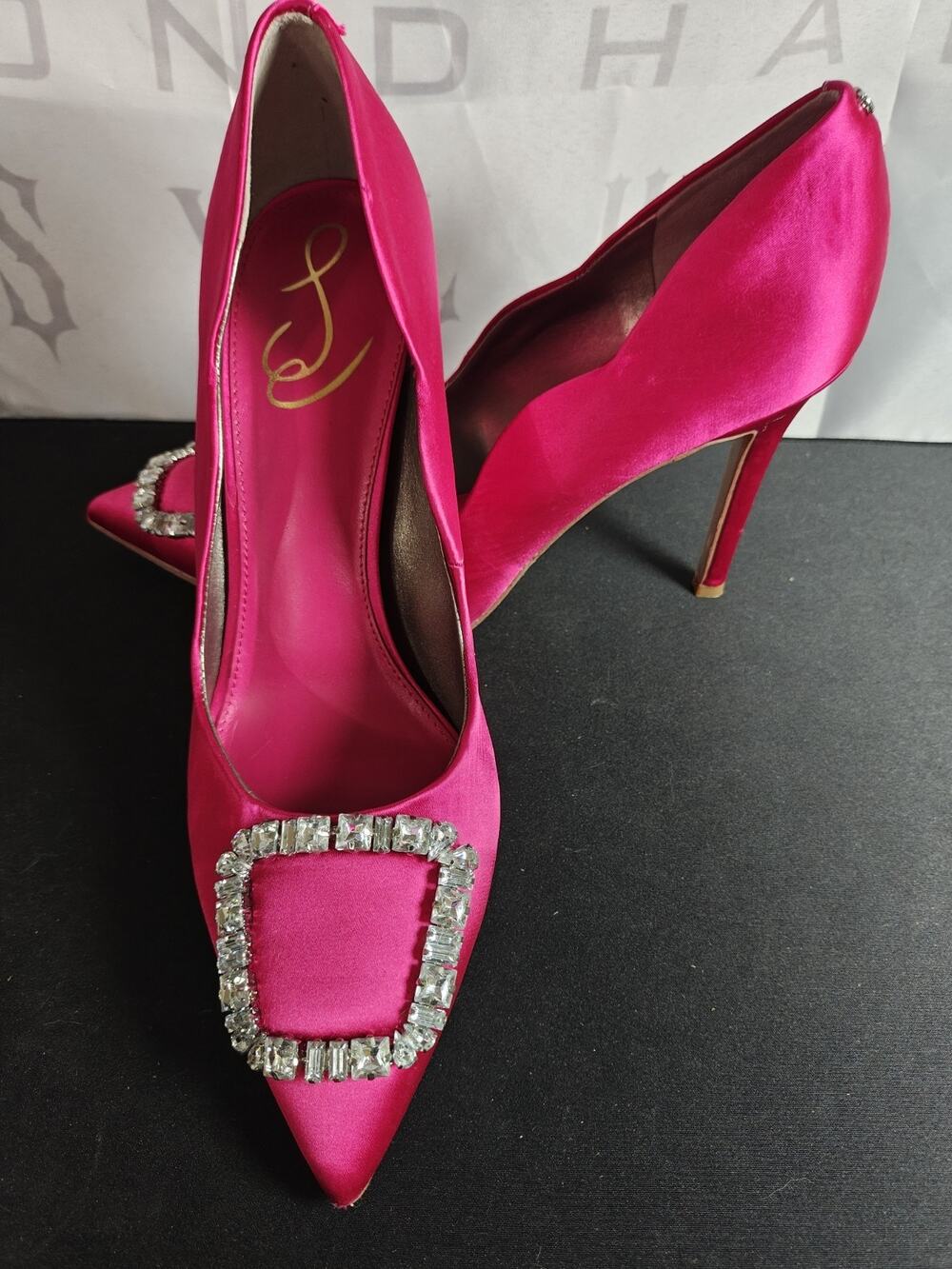 SAM EDELMAN Women's 8.5 Harriett Satin Pointed Toe Pump fuchsia Pink New Blems